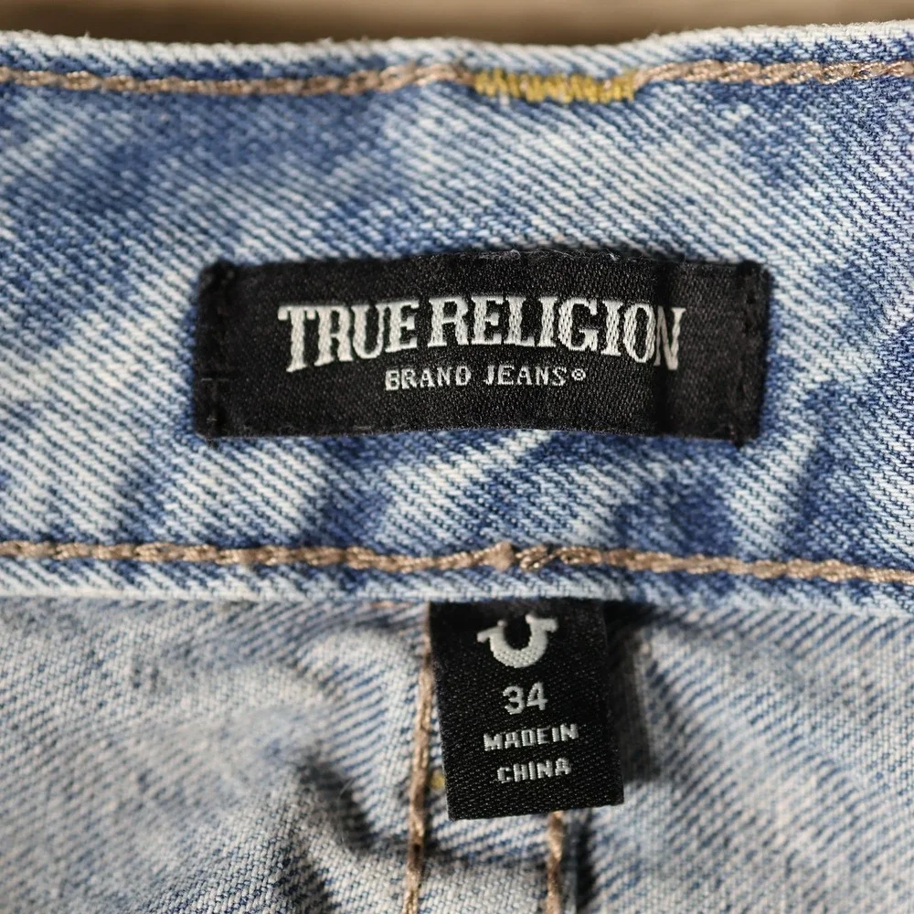 True Religion Jeans Mens 34x32 Blue Vinny Baggy All Over Logo Wide Leg Skater